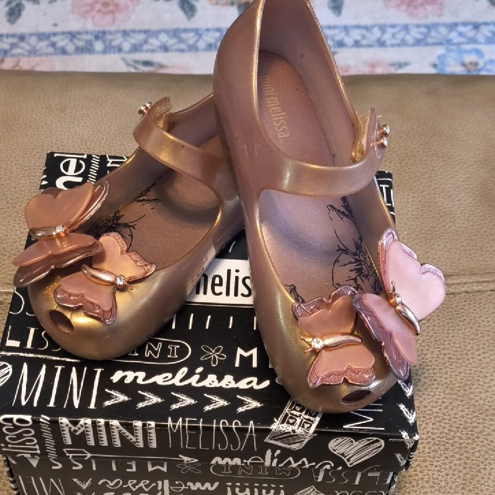 Mini Melissa Gold and Pink Heart Butterfly Flats